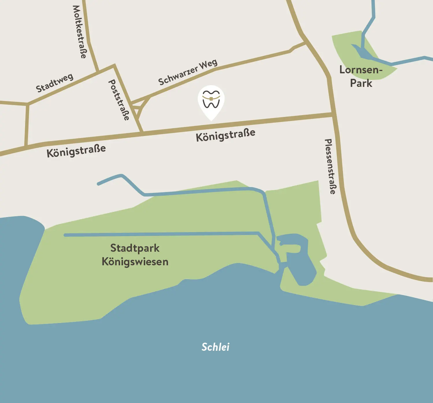 Karte eines Stadtgebiets in Schleswig (Deutschland), die die Königstraße 20 als zentrale Straße zeigt. Ein Zahn-Symbol markiert die Position der Kieferorthopädie an der Schlei auf der Karte.